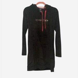 VTG Y2K Bebe Black Velour Hoodie sleepwear Rhinestone Logo Pink Drawstrings